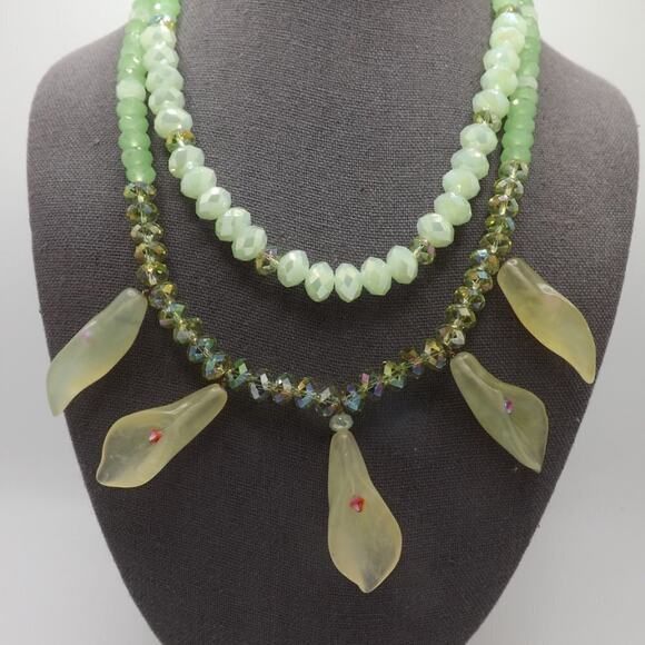 Hand-crafted Light Green Beaded Necklace, Art Glass Florals & Beads, 19 Inches - Picture 2 of 10